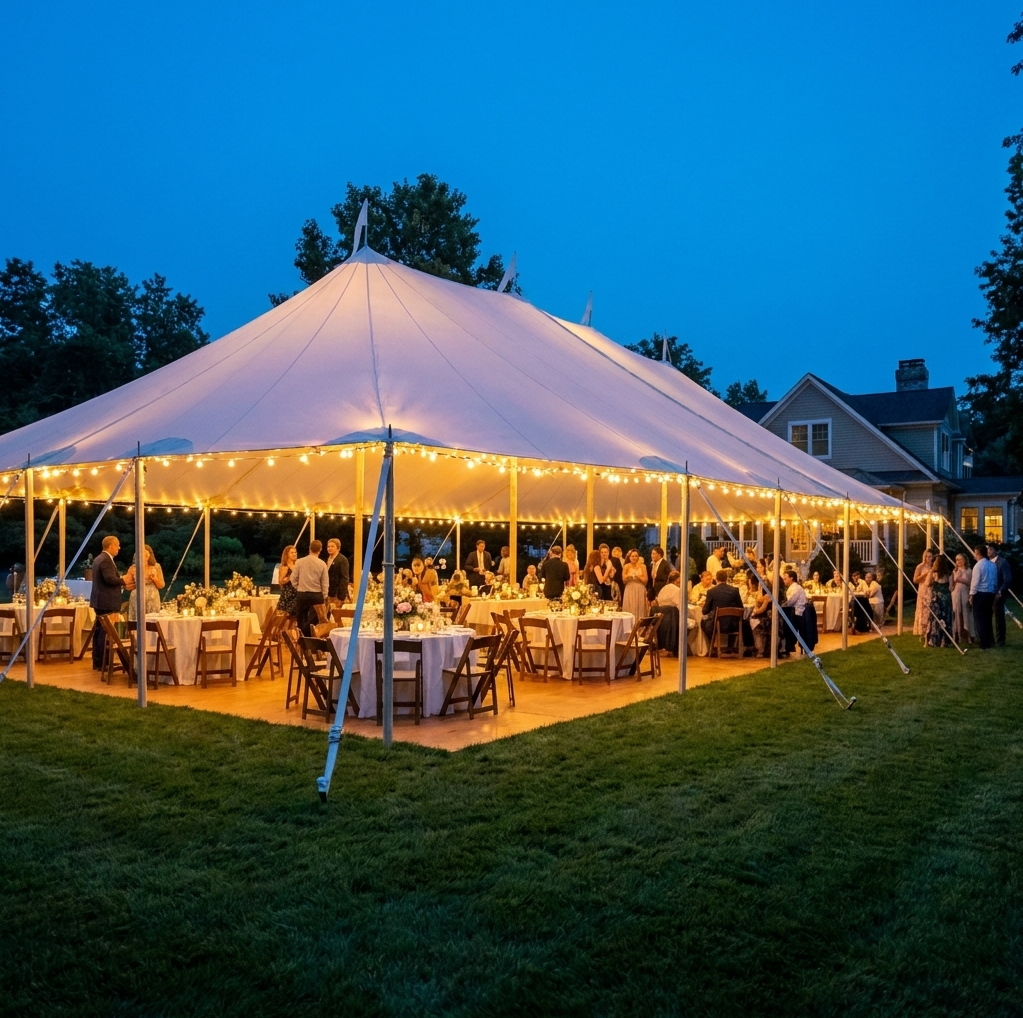 Clear-Top Marquee Tent glowing at twilight showcase